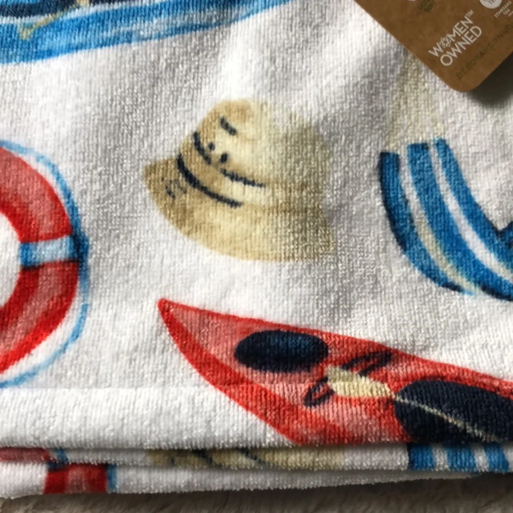 Coastal BEACH Towel featuring Adirondack Chairs, Kayaks and Fish
